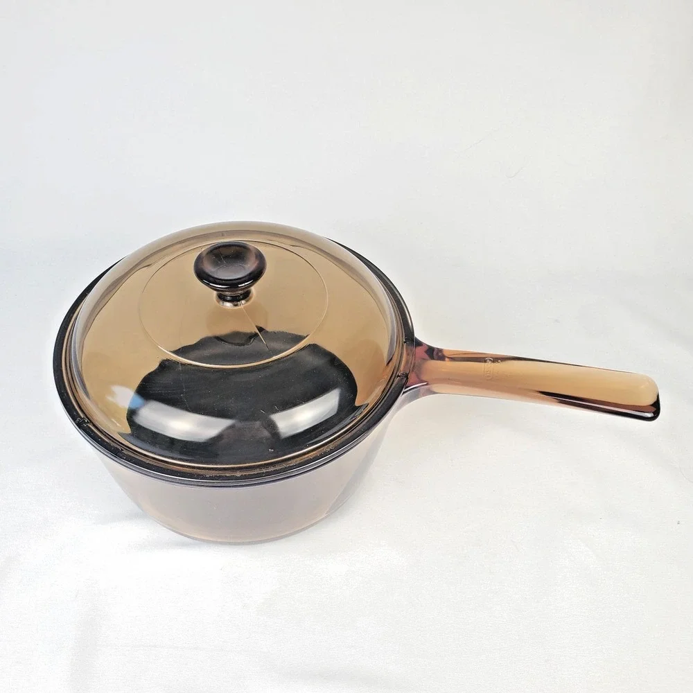 Vintage Corning Vision Ware 1.5 L Amber Glass Pot Sauce Pan With Lid Made In USA